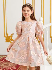 SHEIN فستان بطباعة أزهار جاكار اكمام منتفخة قطعة واحدة بنات - وردي المرجاني - مشاهدة 1