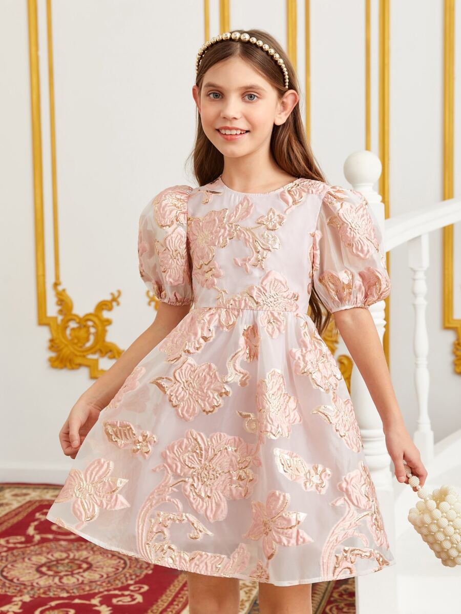 SHEIN فستان بطباعة أزهار جاكار اكمام منتفخة قطعة واحدة بنات - وردي المرجاني - مشاهدة 1