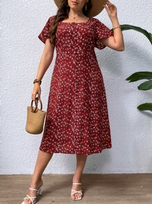 SHEIN VCAY Plus Ditsy Floral Print Square Neck Butterfly Sleeve Dress - Burgundy - View 1