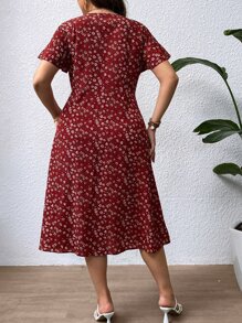 SHEIN VCAY Plus Ditsy Floral Print Square Neck Butterfly Sleeve Dress - Burgundy - View 2