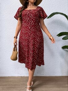 SHEIN VCAY Plus Ditsy Floral Print Square Neck Butterfly Sleeve Dress - Burgundy - View 4