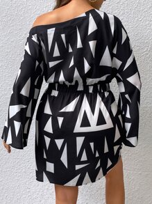 SHEIN Clasi Vestido con estampado geométrico de cuello asimétrico - Blanco y Negro - Ver 2