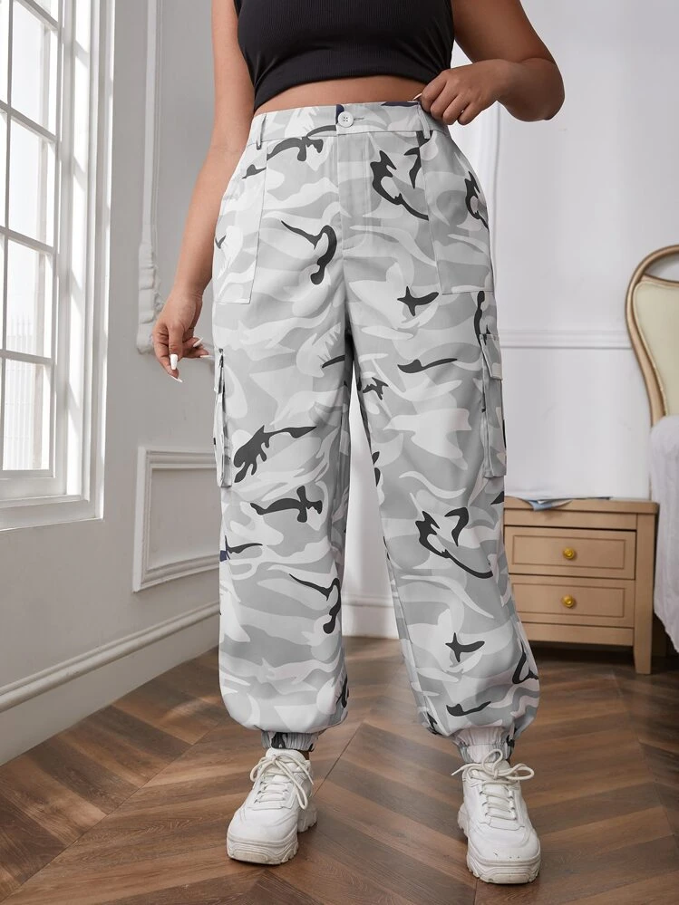 SHEIN EZwear כיס הסוואה קז'ואל מכנסיים במידות גדולות - ריבוי צבעים - ראה 4