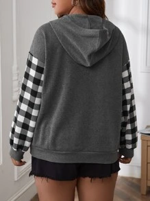 SHEIN LUNE Plus Gingham Panel  Pocket Drop Shoulder Drawstring Hoodie Winter Fall Autumn - Dark Grey - View 2
