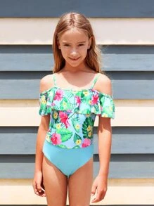 Chicas Bañador una pieza con estampado tropical ribete con fruncido - Azul menta - Ver 6