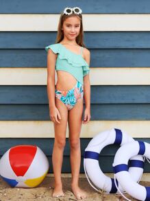 Chicas Bañador una pieza con estampado tropical ribete con fruncido con abertura - Multicolor - Ver 5