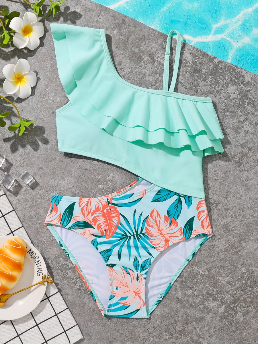 Chicas Bañador una pieza con estampado tropical ribete con fruncido con abertura - Multicolor - Ver 1