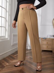 SHEIN Clasi 大碼高腰接縫細節長褲 - 卡其色 - 查看 1