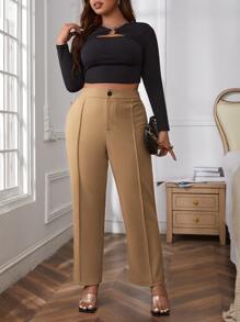 SHEIN Clasi 大碼高腰接縫細節長褲 - 卡其色 - 查看 4