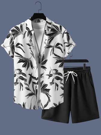 Guys Leaf Print Shirt & Drawstring Waist Shorts Without Tee