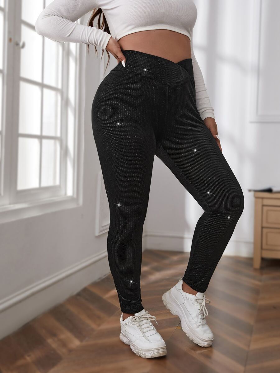 SHEIN Essnce Plus Overlap Waist Glitter Leggings - Black - View 1