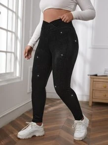 SHEIN Essnce Plus Overlap Waist Glitter Leggings - Black - View 3