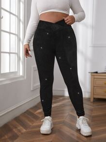 SHEIN Essnce Plus Overlap Waist Glitter Leggings - Black - View 4