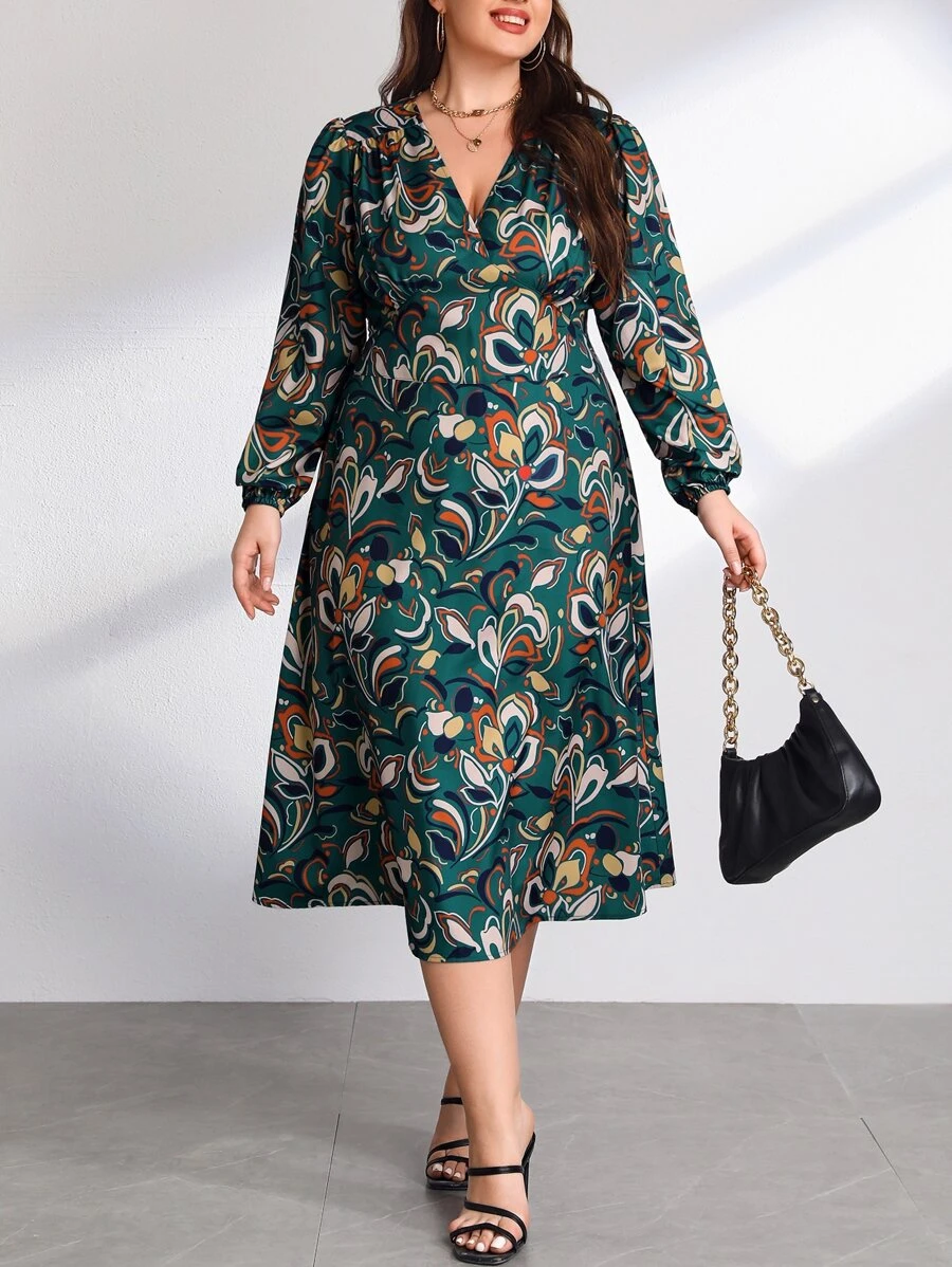 SHEIN Clasi Plus Floral Print Midi Dress - Green - View 1