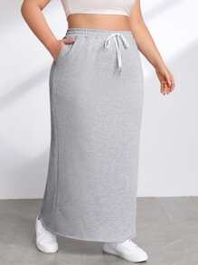 SHEIN EZwear Plus Drawstring Waist Slant Pocket Skirt - Grey - View 1
