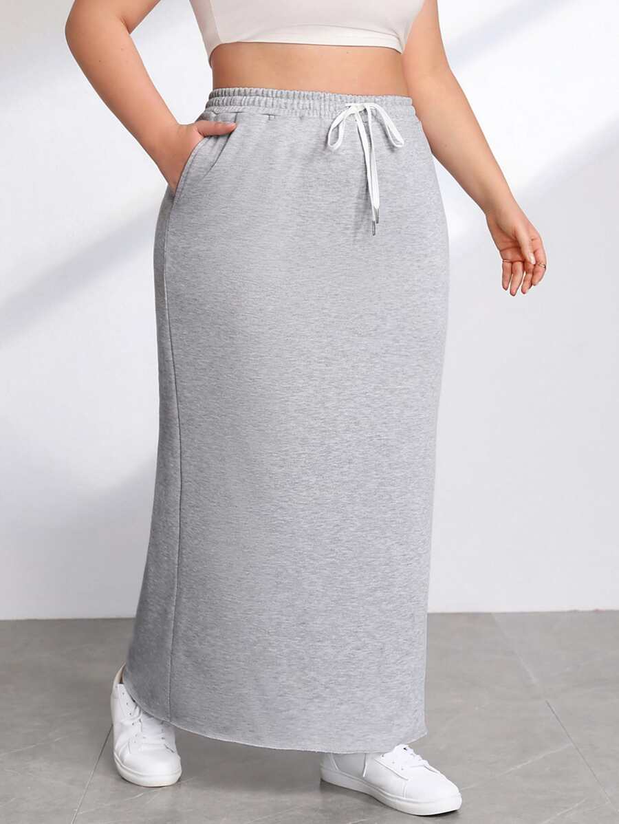 SHEIN EZwear Plus Drawstring Waist Slant Pocket Skirt - Grey - View 1