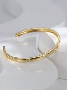 Charm-In 1pc Cubic Zirconia Decor Cuff Bangle Copper Jewelry - Yellow Gold - View 3