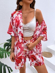 SHEIN VCAY Floral Print Kimono With Shorts - Multicolor - View 2
