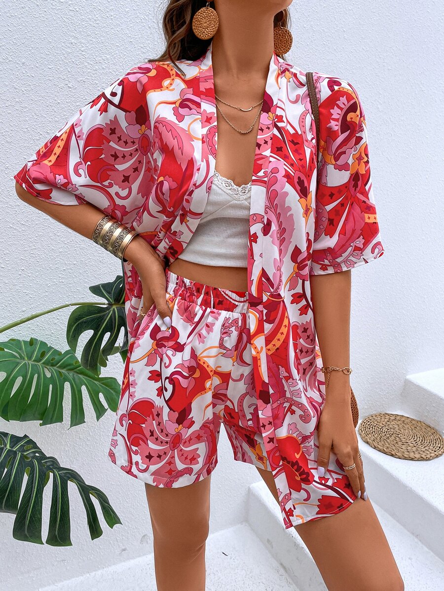 SHEIN VCAY Floral Print Kimono With Shorts - Multicolor - View 1