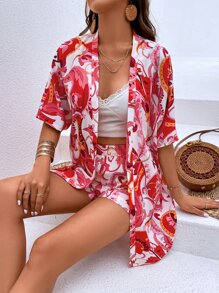 SHEIN VCAY Floral Print Kimono With Shorts - Multicolor - View 4