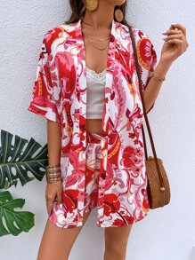 SHEIN VCAY Floral Print Kimono With Shorts - Multicolor - View 5