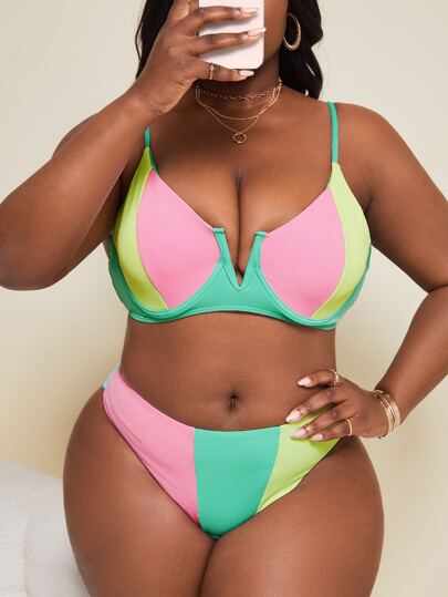SHEIN Slayr 大尺碼拼色比基尼套裝夏日海灘
