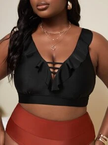 SHEIN Swim Curve Plus Ruffle Trim Cut Out Back Bikini Top - Black - View 1