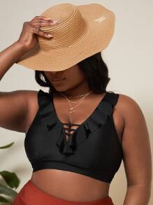 SHEIN Swim Curve Plus Ruffle Trim Cut Out Back Bikini Top - Black - View 5