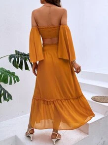 SHEIN VCAY Top de hombros descubiertos crop con fruncido & Falda bajo con fruncido - Naranja - Ver 5