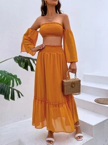 SHEIN VCAY Top de hombros descubiertos crop con fruncido & Falda bajo con fruncido - Naranja - Ver 6