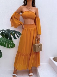 SHEIN VCAY Top de hombros descubiertos crop con fruncido & Falda bajo con fruncido - Naranja - Ver 1