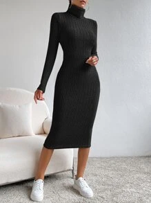SHEIN Essnce Turtleneck Ribbed Knit Bodycon Dress - Black - View 3