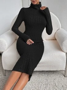 SHEIN Essnce Turtleneck Ribbed Knit Bodycon Dress - Black - View 5