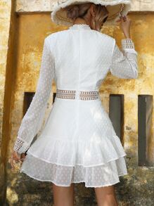 SHEIN VCAY Swiss Dot Guipure Lace Insert Dress - White - View 2