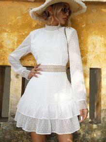 SHEIN VCAY Swiss Dot Guipure Lace Insert Dress - White - View 5