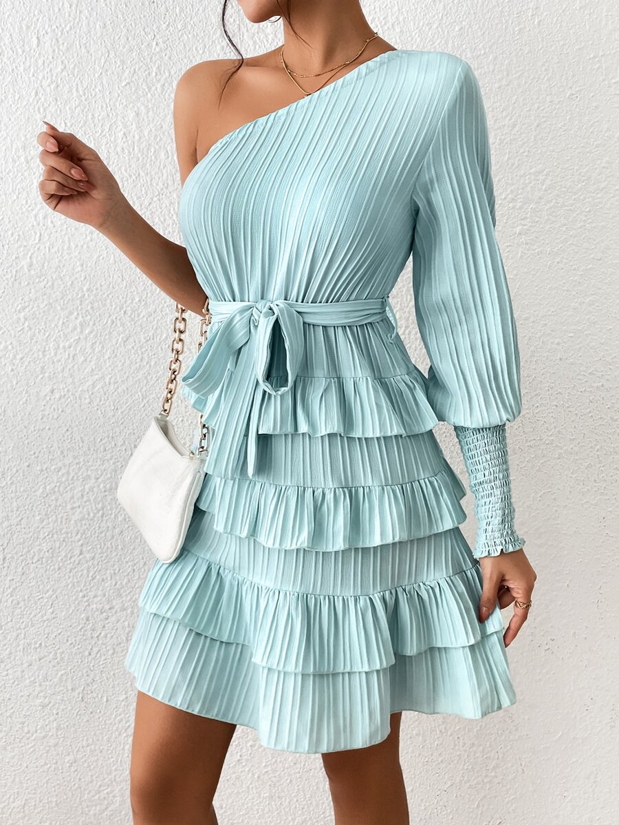 Aveloria Vestido con cinturón de un hombro ribete con fruncido - Azul - Ver 1