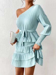 Aveloria Vestido con cinturón de un hombro ribete con fruncido - Azul - Ver 3