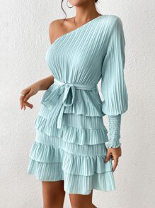 Aveloria Vestido con cinturón de un hombro ribete con fruncido - Azul - Ver 5