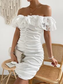 SHEIN Essnce Vestido de hombros descubiertos ribete con encaje fruncido - Blanco - Ver 4