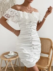 SHEIN Essnce Vestido de hombros descubiertos ribete con encaje fruncido - Blanco - Ver 6