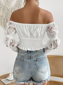 SHEIN VCAY Off Shoulder Shirred Ruffle Trim Lace Top - White - View 2