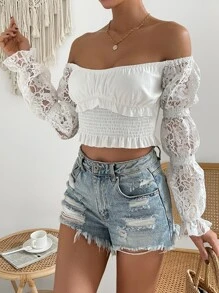 SHEIN VCAY Off Shoulder Shirred Ruffle Trim Lace Top - White - View 5
