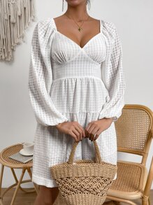 SHEIN Essnce Vestido escote corazón de manga farol bajo con fruncido - Blanco - Ver 5