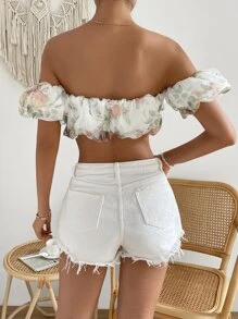 SHEIN VCAY Top crop con estampado floral de hombros descubiertos de manga farol - Multicolor - Ver 2