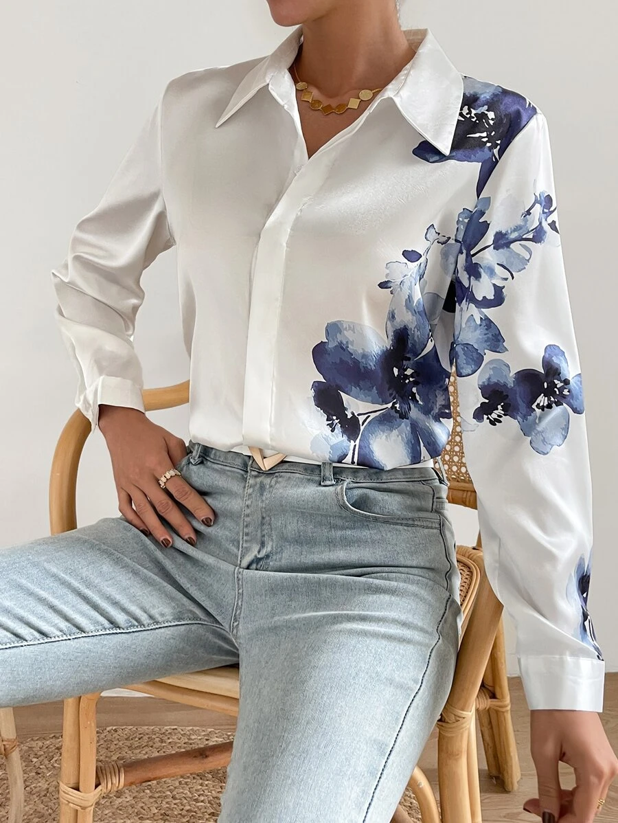 Aveloria Camisa con botones y estampado floral, elegante camisa casual de negocios con botones para mujeres - Blanco - Ver 1