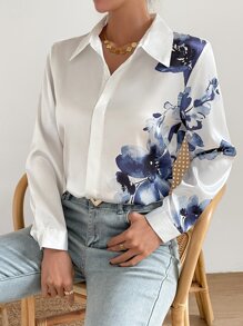 Aveloria Camisa con botones y estampado floral, elegante camisa casual de negocios con botones para mujeres - Blanco - Ver 4