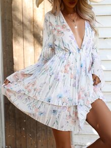 GENKIRA Floral Print Plunge Neck Flounce Sleeve Dress - White - View 1