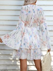 GENKIRA Floral Print Plunge Neck Flounce Sleeve Dress - White - View 2