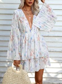 GENKIRA Floral Print Plunge Neck Flounce Sleeve Dress - White - View 5