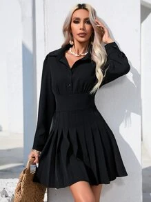SHEIN Essnce Solid Pleated Hem Shirt Dress - Black - View 3